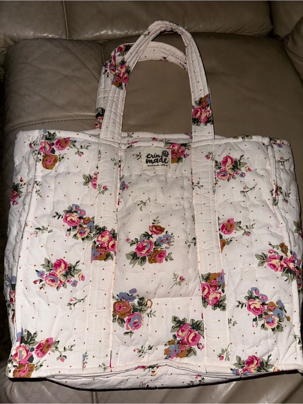 Erin Made Quilted Chloe Floral Zip Tote in White and Pink
